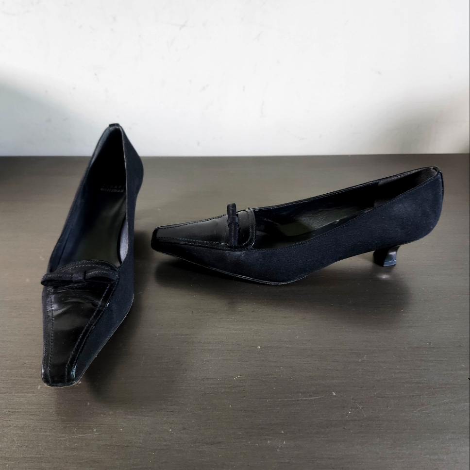 Stuart Weitzman Black Leather Fabric Bow Long Square Toe Low Heel Shoes S 9n